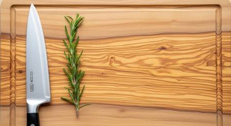 Rosemary and knife on cutting board. Top view with copy spaceの素材