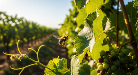 Bumblebee gathering nectar from a bunch of grapes in a vineyardの素材