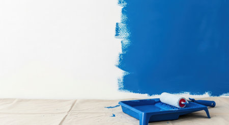 Painting the wall with a roller in blue color, copy spaceの素材