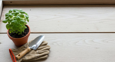 Gardening tools on a wooden table with space for text.の素材