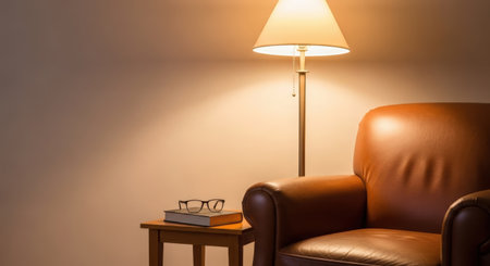 Brown leather armchair with a lamp and a book on the tableの素材