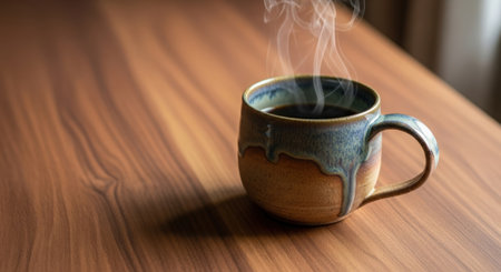 Cup of coffee on wooden table. Hot coffee on wooden tableの素材