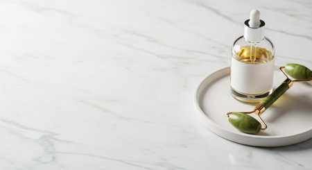 Glass bottle with serum and jade roller on white marble table, closeupの素材