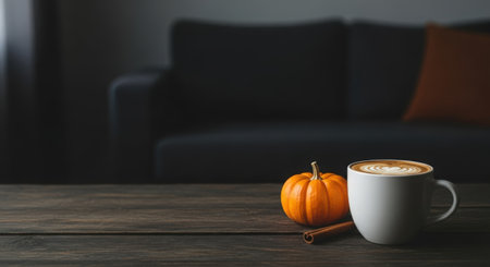 Coffee cup with pumpkin and cinnamon on wooden table in living roomの素材