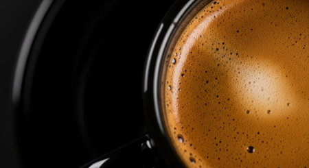 Close-up of a cup of coffee on a black background.の素材