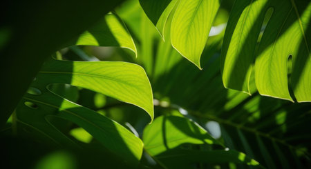 Tropical leaves in sunlight. Natural green background with sunlight and shadows.の素材