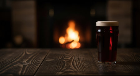 A pint of dark beer on a wooden table in front of a fireplaceの素材