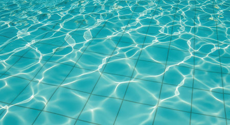Swimming pool water surface with sun reflections. Blue water background.の素材