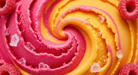 Close up of colorful ice cream with raspberries on top.の素材