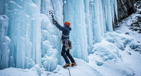 Man climbing frozen waterfall. Ice climbing in the mountains. Winter sport.の素材