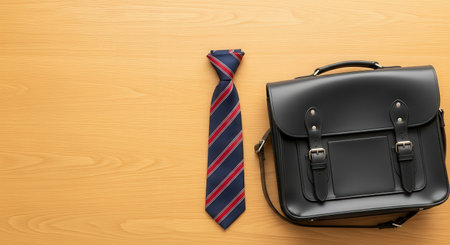 Businessman's briefcase and necktie on the wooden background.の素材