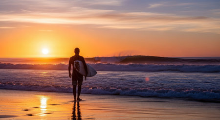 Surfer with his surfboard on the beach at sunset, Californiaの素材