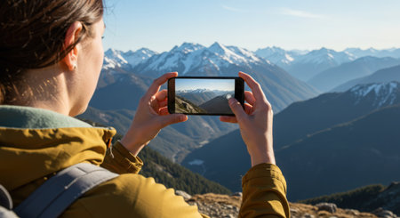 Female hiker taking photo of snowy mountains with smartphone. Female hiker taking photo of snowy mountains.の素材