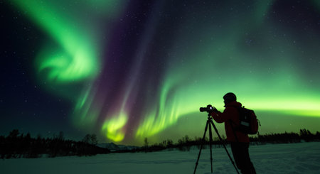 Aurora borealis northern lights in winter landscape with photographer on tripodの素材