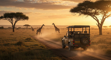 african safari jeep in the savannah of africaの素材
