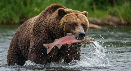 Brown bear chasing a salmon in the water. Kamchatka brown bear (Ursus arctos)の素材