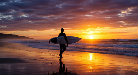 Silhouette of a surfer with his surfboard at sunsetの素材