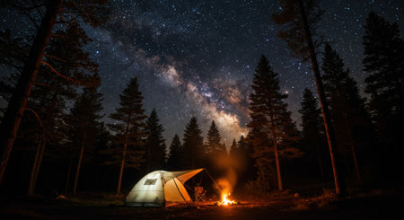 Night camping in the woods. Tourist tent on the background of the starry sky.の素材