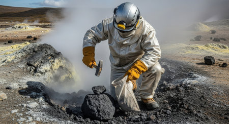 Volcanic eruption. Man in a gas mask and protective suit.の素材
