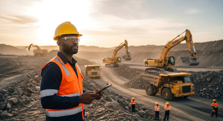 Portrait of African-American male engineer in helmet and reflective vest using digital tablet while standing at open pit mine. construction conceptの素材