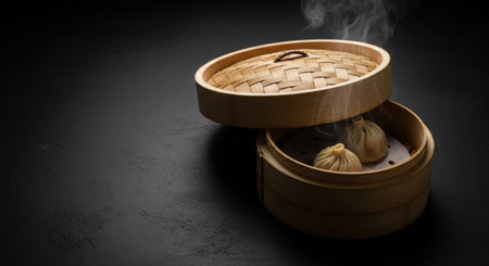 Chinese steamed dumplings in bamboo steamer on black backgroundの素材