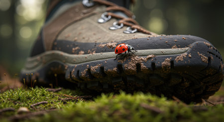 A ladybug crawls on a hiking boot in the woods.の素材