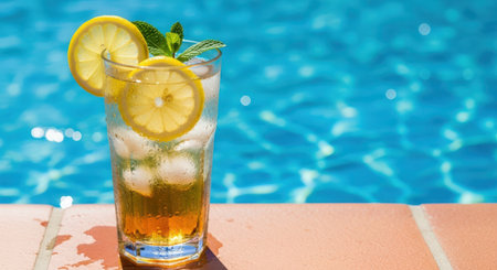 Glass of ice tea with lemon and mint on a swimming pool backgroundの素材