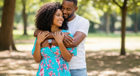 Beautiful african american couple hugging in park on a sunny dayの素材