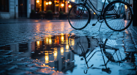 Reflection of a bicycle in a puddle on a city streetの素材