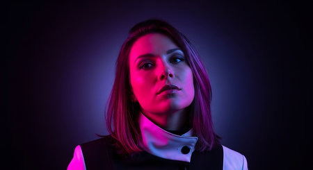 Portrait of beautiful young woman in neon light. Studio shot.の素材