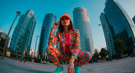 Beautiful brunette girl in bright colorful clothes posing in the city streetsの素材