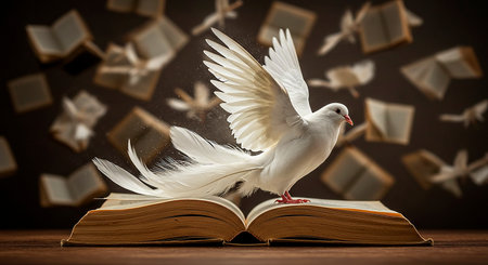 Open book with flying white doves on wooden table over dark backgroundの素材