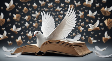 Open book with flying white doves on a dark background. 3d renderingの素材
