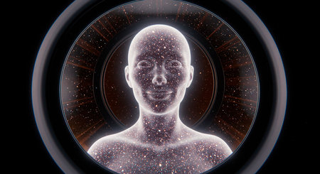 Digital Illustration of a Female Face Surrounded by Stars and Circlesの素材