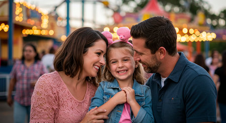 Happy family at the amusement park. Father, mother and daughter having fun together.の素材