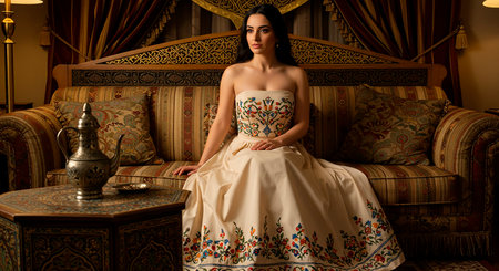 Beautiful brunette woman in a long white dress sitting on the sofaの素材