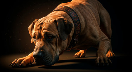Dogue de Bordeaux on black background. Studio shot.の素材