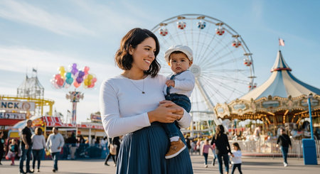 happy mother and baby in amusement park on sunny day, family vacationの素材