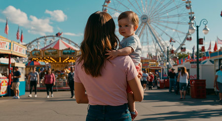 Mom and son in the background of the amusement park. A woman with a child on a walk.の素材