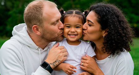 Portrait of a happy family with a little girl in the parkの素材