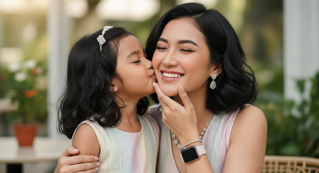 happy asian mother and daughter having fun together in cafe. family conceptの素材