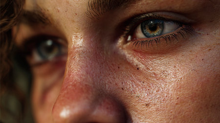 Close-up of a young woman's face with frecklesの素材