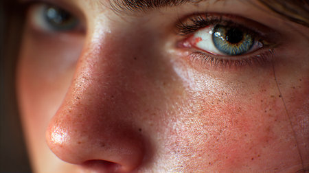 Close-up of a young girl's face with frecklesの素材