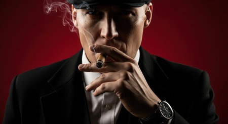 Portrait of a man in a black suit smoking a cigar.の素材
