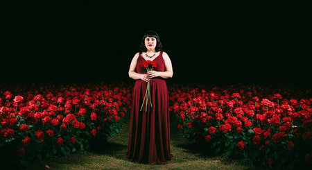Full length portrait of a beautiful young woman in red dress holding a bouquet of roses.の素材