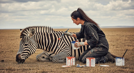 Young woman painting a zebra in the Masai Mara, Kenyaの素材