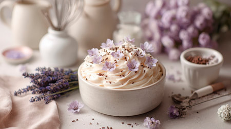 Cup of coffee with whipped cream and lavender flowers on light backgroundの素材