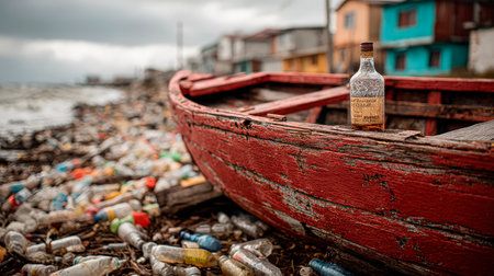 Bottle of vodka on a fishing boat on the seashoreの素材