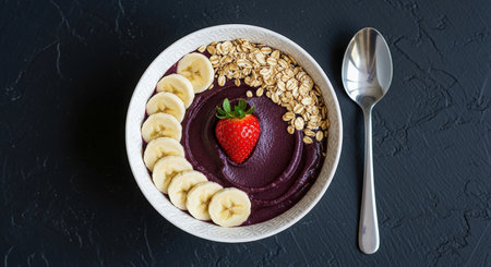 Chocolate smoothie bowl with banana, strawberry and oatmeal on black background, top viewの素材