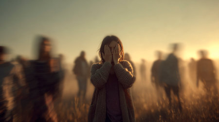 Young woman covering her face with her hands while standing in the field at sunsetの素材